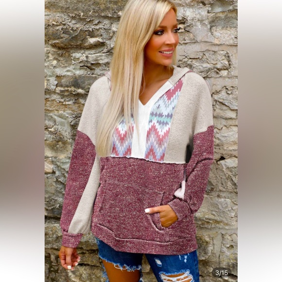 🌵Aztec/Tribal Print Color Block Hooded Sweatshirt Kangaroo Pocket - Picture 6 of 16